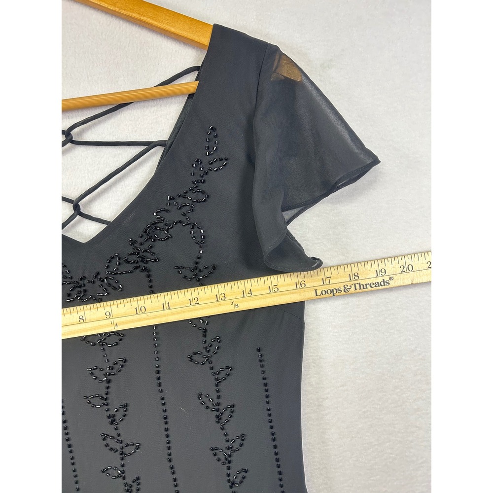 SL Fashions Black Beaded Criss Cross Back Flutter Sleeve Midi Dress Size 10 - Picture 8 of 9